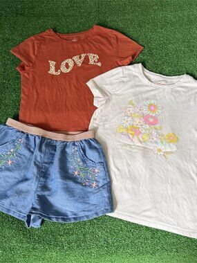 Lot 3 Girls Size 12 Two Short Sleeve T-Shirt Top & Embroidered Shorts Outfit Set